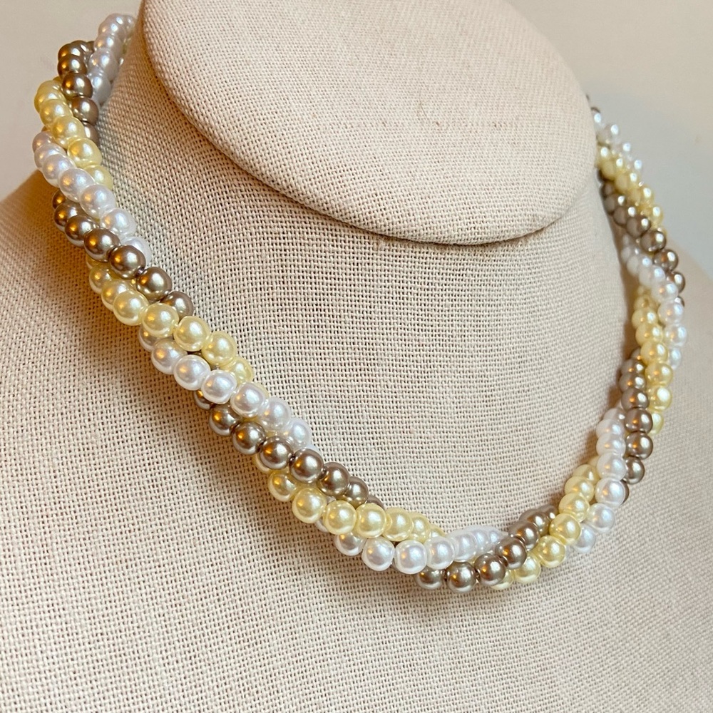 Avon tri color three strand twisted faux pearl necklace with goldtone finials